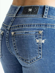 Miss Me M3636B95V Womens Mid Rise Bootcut Jean Denim Blue back view close up. If you need any assistance with this item or the purchase of this item please call us at five six one seven four eight eight eight zero one Monday through Saturday 10:00a.m EST to 8:00 p.m EST