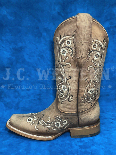 Circle G L2063 Ladies Floral Embroidery Square Toe Boot Brown Tan side view. If you need any assistance with this item or the purchase of this item please call us at five six one seven four eight eight eight zero one Monday through Saturday 10:00a.m EST to 8:00 p.m EST