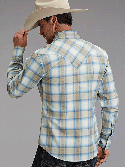 Stetson 11-001-0478-2044 Mens Dobby Plaid Western Shirt Tan back view. If you need any assistance with this item or the purchase of this item please call us at five six one seven four eight eight eight zero one Monday through Saturday 10:00a.m EST to 8:00 p.m EST