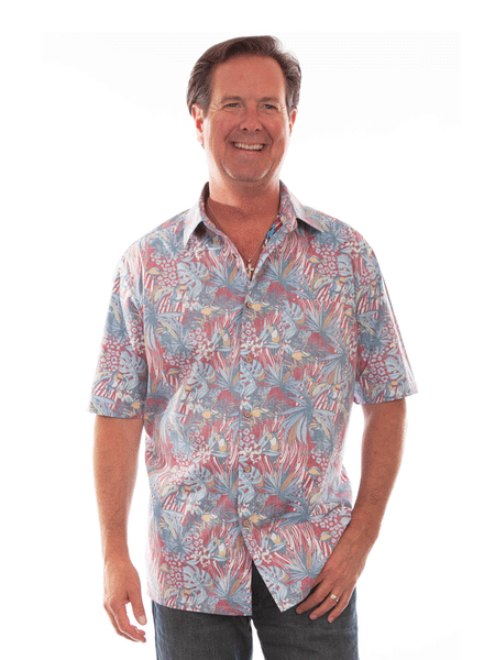 Scully 5313-RED Mens Birds In Paradise Hawaiian Shirt Red front view. If you need any assistance with this item or the purchase of this item please call us at five six one seven four eight eight eight zero one Monday through Saturday 10:00a.m EST to 8:00 p.m EST