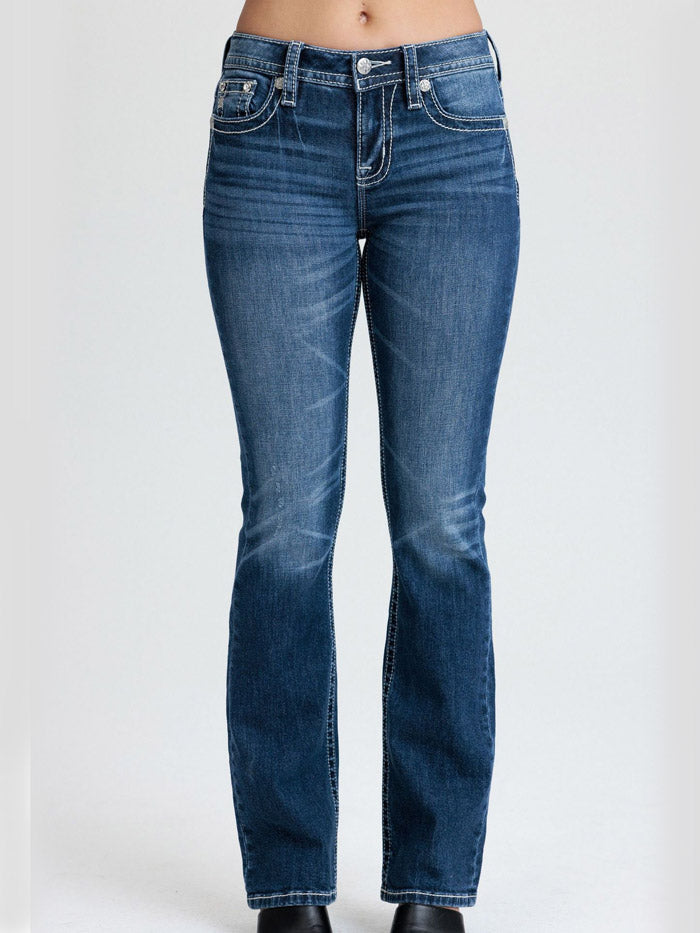 Miss Me M9707BL Womens Mid Rise Bootcut Jean Dark Blue back close up. If you need any assistance with this item or the purchase of this item please call us at five six one seven four eight eight eight zero one Monday through Saturday 10:00a.m EST to 8:00 p.m EST
