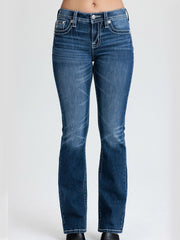 Miss Me M9707BL Womens Mid Rise Bootcut Jean Dark Blue front view. If you need any assistance with this item or the purchase of this item please call us at five six one seven four eight eight eight zero one Monday through Saturday 10:00a.m EST to 8:00 p.m EST
