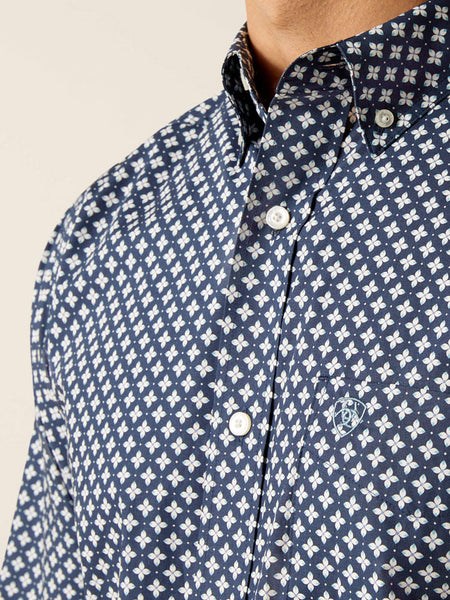 Ariat 10051245 Mens Emile Fitted Shirt Mood Indigo front close up. If you need any assistance with this item or the purchase of this item please call us at five six one seven four eight eight eight zero one Monday through Saturday 10:00a.m EST to 8:00 p.m EST