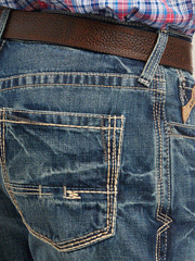 Ariat 10012136 Mens M4 Low Rise Boundary Boot Cut Jean Gulch Denim back pocket close up view. If you need any assistance with this item or the purchase of this item please call us at five six one seven four eight eight eight zero one Monday through Saturday 10:00a.m EST to 8:00 p.m EST