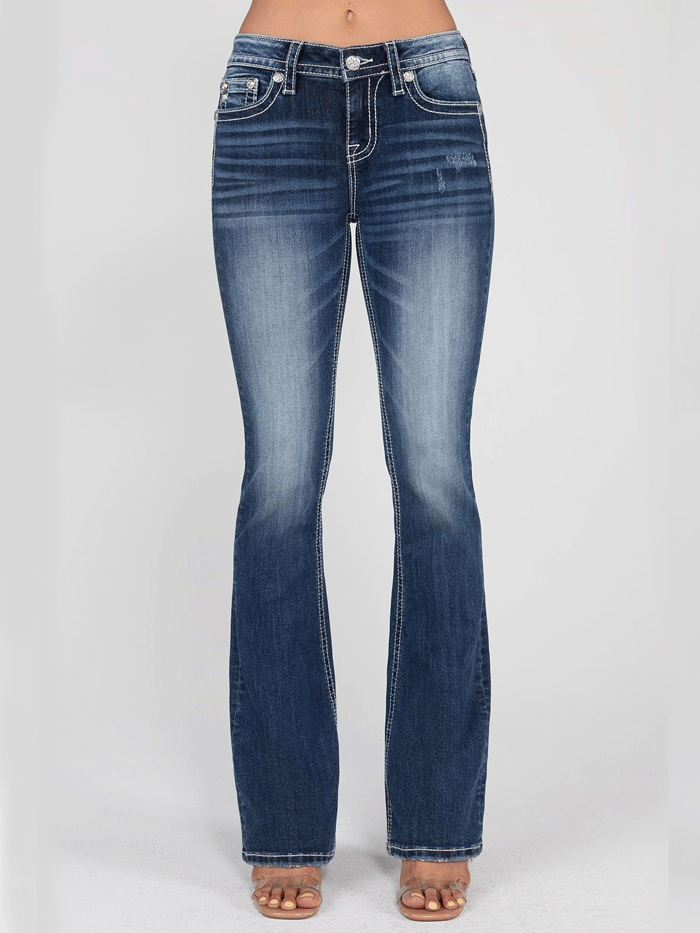 Miss Me M9279B Womens Mid-Rise Horseshoe Boot Cut Jean Dark Blue back pocket close up view. If you need any assistance with this item or the purchase of this item please call us at five six one seven four eight eight eight zero one Monday through Saturday 10:00a.m EST to 8:00 p.m EST
