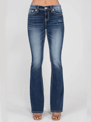 Miss Me M9279B Womens Mid-Rise Horseshoe Boot Cut Jean Dark Blue full front view. If you need any assistance with this item or the purchase of this item please call us at five six one seven four eight eight eight zero one Monday through Saturday 10:00a.m EST to 8:00 p.m EST