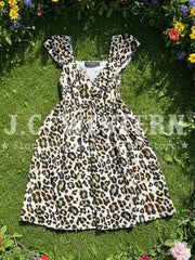 Lucky & Blessed DR694-AP Womens Western Printed A Lined Puff Sleeve Smocked Dress Animal Print front view. If you need any assistance with this item or the purchase of this item please call us at five six one seven four eight eight eight zero one Monday through Saturday 10:00a.m EST to 8:00 p.m EST