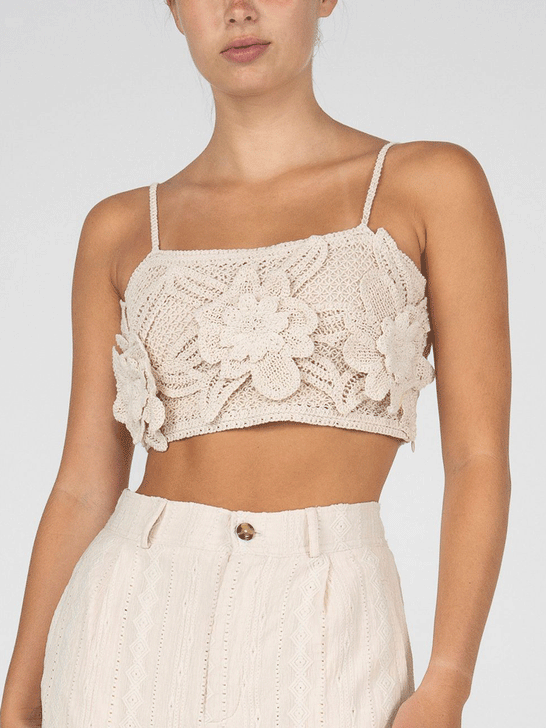 Miss Me MT2816T Womens All Over Crochet Crop Top Natural front view. If you need any assistance with this item or the purchase of this item please call us at five six one seven four eight eight eight zero one Monday through Saturday 10:00a.m EST to 8:00 p.m EST