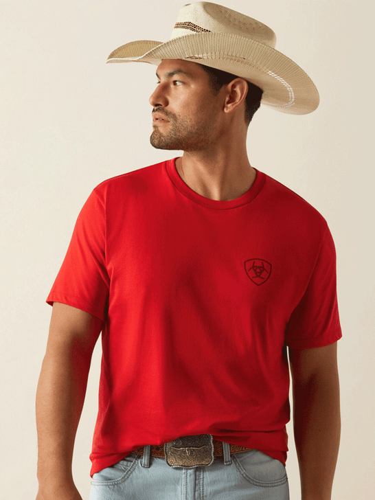 Ariat 10058939 Mens Etched Buffalo LOTF Flag T-Shirt Red front view. If you need any assistance with this item or the purchase of this item please call us at five six one seven four eight eight eight zero one Monday through Saturday 10:00a.m EST to 8:00 p.m EST