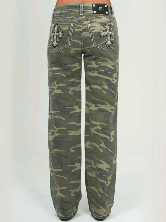 Miss Me M9522SWV Womens Mid Rise Wide Leg Jean Green Camo back view. If you need any assistance with this item or the purchase of this item please call us at five six one seven four eight eight eight zero one Monday through Saturday 10:00a.m EST to 8:00 p.m EST