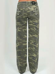 Miss Me M9522SWV Womens Mid Rise Wide Leg Jean Green Camo back view. If you need any assistance with this item or the purchase of this item please call us at five six one seven four eight eight eight zero one Monday through Saturday 10:00a.m EST to 8:00 p.m EST