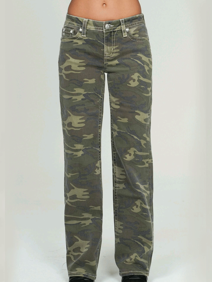 Miss Me M9522SWV Womens Mid Rise Wide Leg Jean Green Camo back view. If you need any assistance with this item or the purchase of this item please call us at five six one seven four eight eight eight zero one Monday through Saturday 10:00a.m EST to 8:00 p.m EST