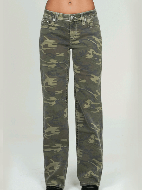 Miss Me M9522SWV Womens Mid Rise Wide Leg Jean Green Camo front view. If you need any assistance with this item or the purchase of this item please call us at five six one seven four eight eight eight zero one Monday through Saturday 10:00a.m EST to 8:00 p.m EST