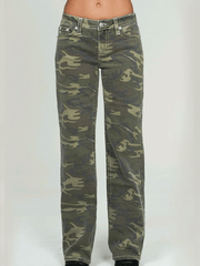 Miss Me M9522SWV Womens Mid Rise Wide Leg Jean Green Camo front view. If you need any assistance with this item or the purchase of this item please call us at five six one seven four eight eight eight zero one Monday through Saturday 10:00a.m EST to 8:00 p.m EST