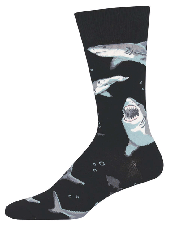 Socksmith MNC1698-BLK Mens Shark Chums Socks Black side view. If you need any assistance with this item or the purchase of this item please call us at five six one seven four eight eight eight zero one Monday through Saturday 10:00a.m EST to 8:00 p.m EST