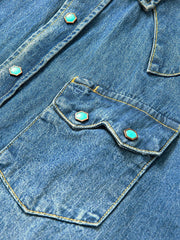 Stetson 11-001-0465-0031 Mens Turquoise Snap Western Shirt Denim snaps and front pocket close up. If you need any assistance with this item or the purchase of this item please call us at five six one seven four eight eight eight zero one Monday through Saturday 10:00a.m EST to 8:00 p.m EST