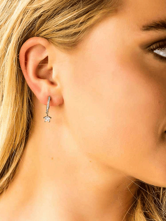 Montana Silversmiths ER5714 Womens Catch a Falling Star Crystal Earrings Silver on model. If you need any assistance with this item or the purchase of this item please call us at five six one seven four eight eight eight zero one Monday through Saturday 10:00a.m EST to 8:00 p.m EST
