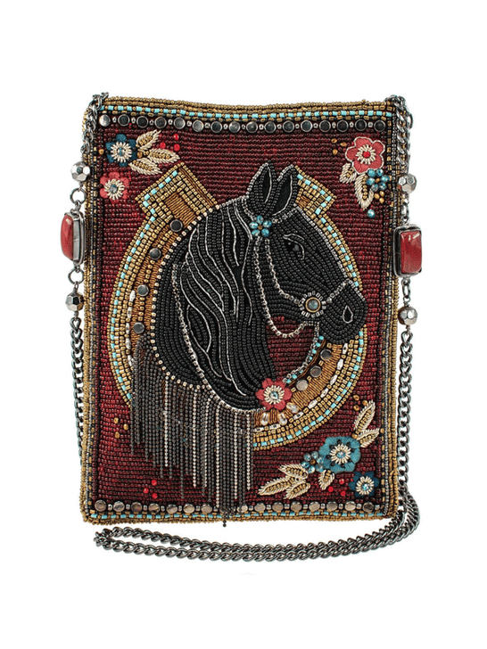 Mary Frances MINI S002-255 LETS GALLOP Mini Crossbody Clutch Burgundy front view. If you need any assistance with this item or the purchase of this item please call us at five six one seven four eight eight eight zero one Monday through Saturday 10:00a.m EST to 8:00 p.m EST