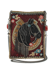 Mary Frances MINI S002-255 LETS GALLOP Mini Crossbody Clutch Burgundy front view. If you need any assistance with this item or the purchase of this item please call us at five six one seven four eight eight eight zero one Monday through Saturday 10:00a.m EST to 8:00 p.m EST