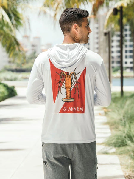 Shaka Kai BUG OUT Mens Hooded Long Sleeve Performance Shirt White back view. If you need any assistance with this item or the purchase of this item please call us at five six one seven four eight eight eight zero one Monday through Saturday 10:00a.m EST to 8:00 p.m EST