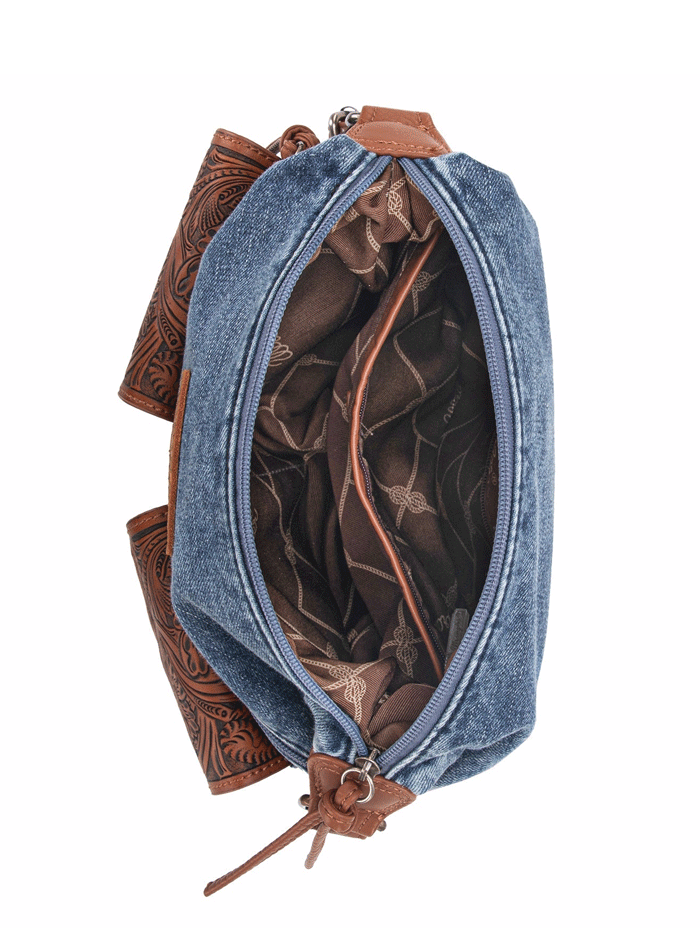 Wrangler WG103-2009JN Womens Floral Tooled Jean Crossbody Bag Denim front. If you need any assistance with this item or the purchase of this item please call us at five six one seven four eight eight eight zero one Monday through Saturday 10:00a.m EST to 8:00 p.m EST

