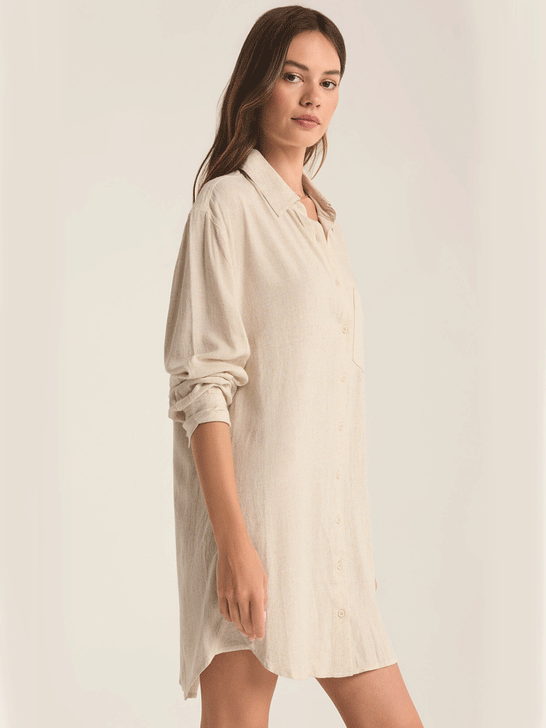 Z Supply ZD243344-FLX Womens Dover Linen Mini Dress Flax Beige front and side view. If you need any assistance with this item or the purchase of this item please call us at five six one seven four eight eight eight zero one Monday through Saturday 10:00a.m EST to 8:00 p.m EST