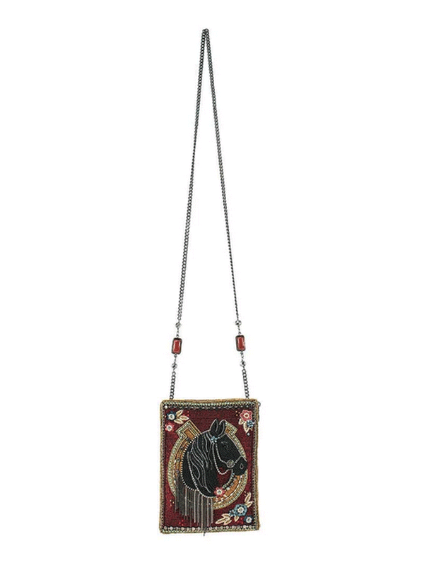Mary Frances MINI S002-255 LETS GALLOP Mini Crossbody Clutch Burgundy front view. If you need any assistance with this item or the purchase of this item please call us at five six one seven four eight eight eight zero one Monday through Saturday 10:00a.m EST to 8:00 p.m EST