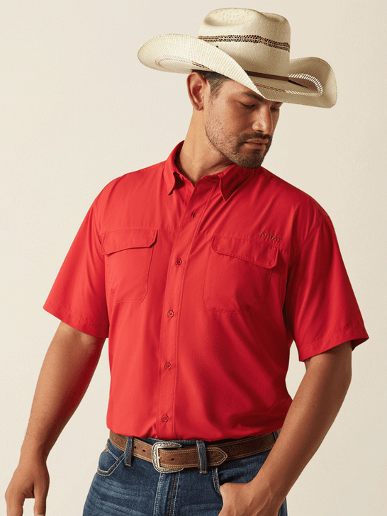 Ariat 10058787 Mens VentTEK Outbound Classic Fit Shirt Haute Red front view. If you need any assistance with this item or the purchase of this item please call us at five six one seven four eight eight eight zero one Monday through Saturday 10:00a.m EST to 8:00 p.m EST