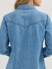 Wrangler 112360616 Womens X Lainey Moxie Wilson Western Denim Shirt Mid Wash Light Blue back close up view. If you need any assistance with this item or the purchase of this item please call us at five six one seven four eight eight eight zero one Monday through Saturday 10:00a.m EST to 8:00 p.m EST

