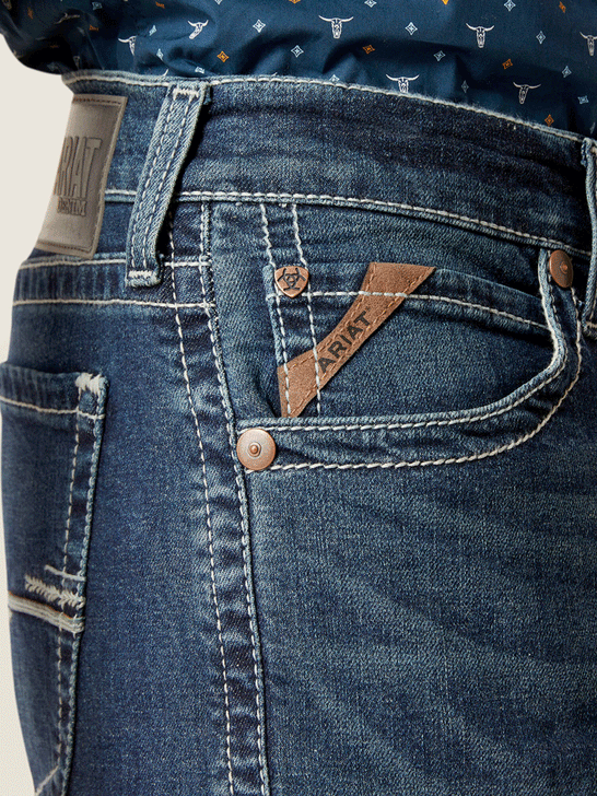 Ariat 10045385 Mens M8 Modern TekStretch Easton Slim Jean Galaxy front pocket close up view. If you need any assistance with this item or the purchase of this item please call us at five six one seven four eight eight eight zero one Monday through Saturday 10:00a.m EST to 8:00 p.m EST