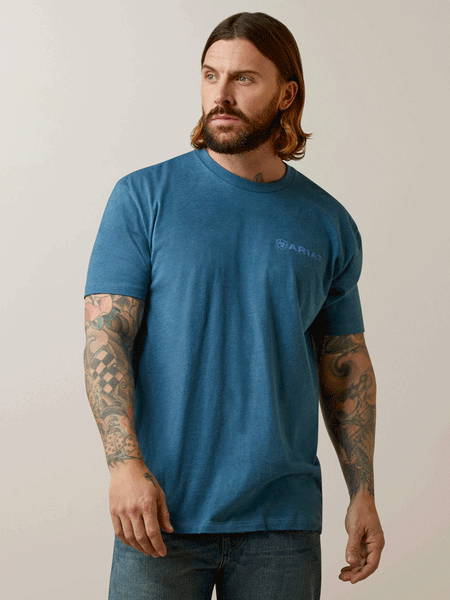 Ariat 10045279 Mens Mountain Flag T-Shirt Steel Blue Heather front view. If you need any assistance with this item or the purchase of this item please call us at five six one seven four eight eight eight zero one Monday through Saturday 10:00a.m EST to 8:00 p.m EST