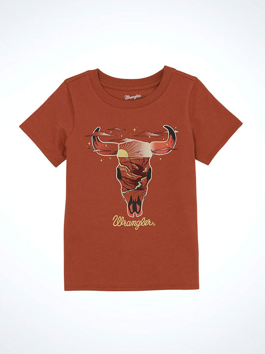 Wrangler 112359406 Kids Western Graphic Tee Rust front view. If you need any assistance with this item or the purchase of this item please call us at five six one seven four eight eight eight zero one Monday through Saturday 10:00a.m EST to 8:00 p.m EST