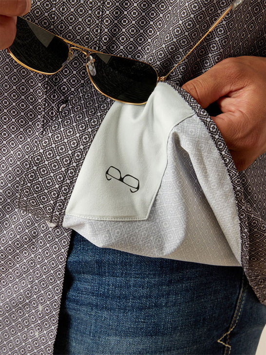 Ariat 10058815 Mens VentTEK Classic Fit Shirt Grey lens cloth close up. If you need any assistance with this item or the purchase of this item please call us at five six one seven four eight eight eight zero one Monday through Saturday 10:00a.m EST to 8:00 p.m EST