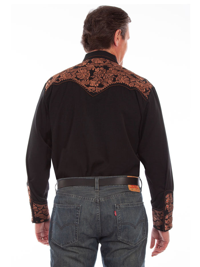 Scully P-634-BLK Mens Floral Tooled Embroidered Western Shirt Black front view. If you need any assistance with this item or the purchase of this item please call us at five six one seven four eight eight eight zero one Monday through Saturday 10:00a.m EST to 8:00 p.m EST