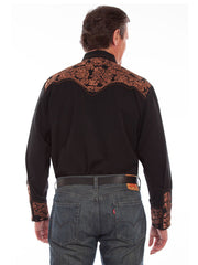 Scully P-634-BLK Mens Floral Tooled Embroidered Western Shirt Black. back view. If you need any assistance with this item or the purchase of this item please call us at five six one seven four eight eight eight zero one Monday through Saturday 10:00a.m EST to 8:00 p.m EST