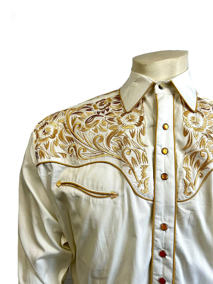 Rockmount 6859-IG Mens Vintage Tooling Embroidered Western Shirt Ivory Gold Rockmount 6859-IG Mens Vintage Tooling Embroidered Western Shirt Ivory Gold