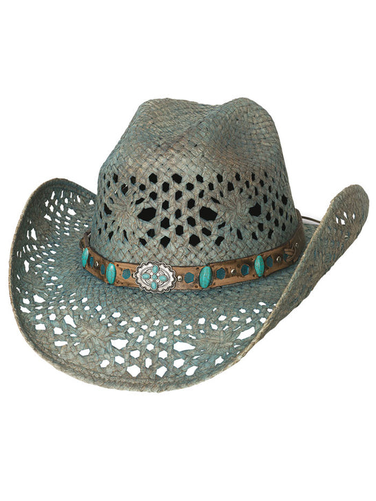 Bullhide TEMPTATIONS 2974 Fashion Western Straw Hat Blue front / side view. If you need any assistance with this item or the purchase of this item please call us at five six one seven four eight eight eight zero one Monday through Saturday 10:00a.m EST to 8:00 p.m EST