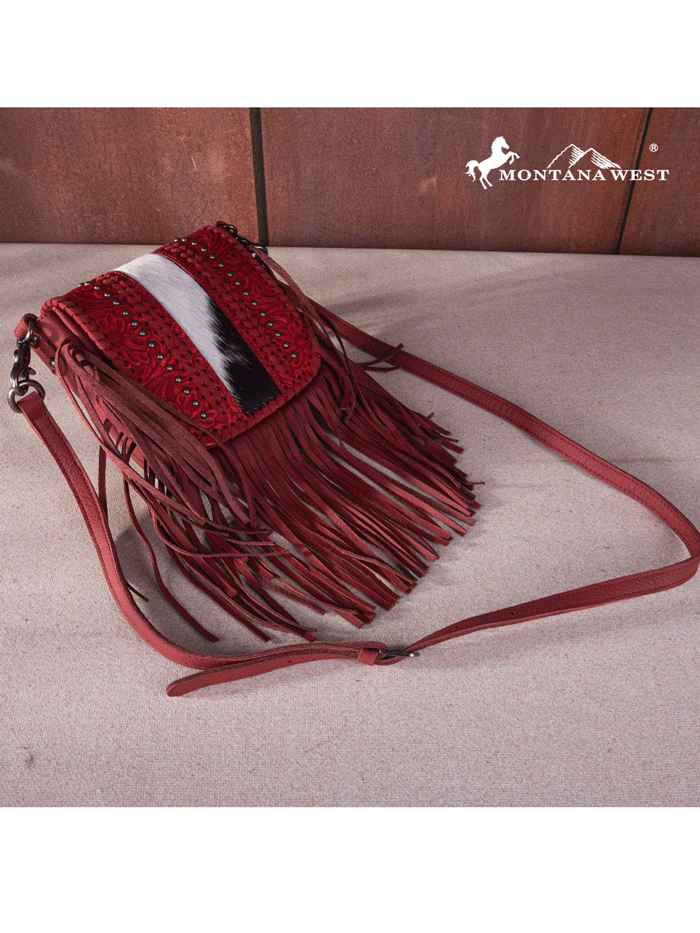 Montana West RLC-L168RD Womens Genuine Leather Tooled Fringe Crossbody Bag Red front view. If you need any assistance with this item or the purchase of this item please call us at five six one seven four eight eight eight zero one Monday through Saturday 10:00a.m EST to 8:00 p.m EST