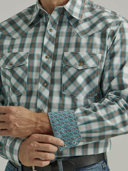 Wrangler 112330524 Mens 20X Competition Western Shirt Turquoise Tan Madras cuff close up. If you need any assistance with this item or the purchase of this item please call us at five six one seven four eight eight eight zero one Monday through Saturday 10:00a.m EST to 8:00 p.m EST