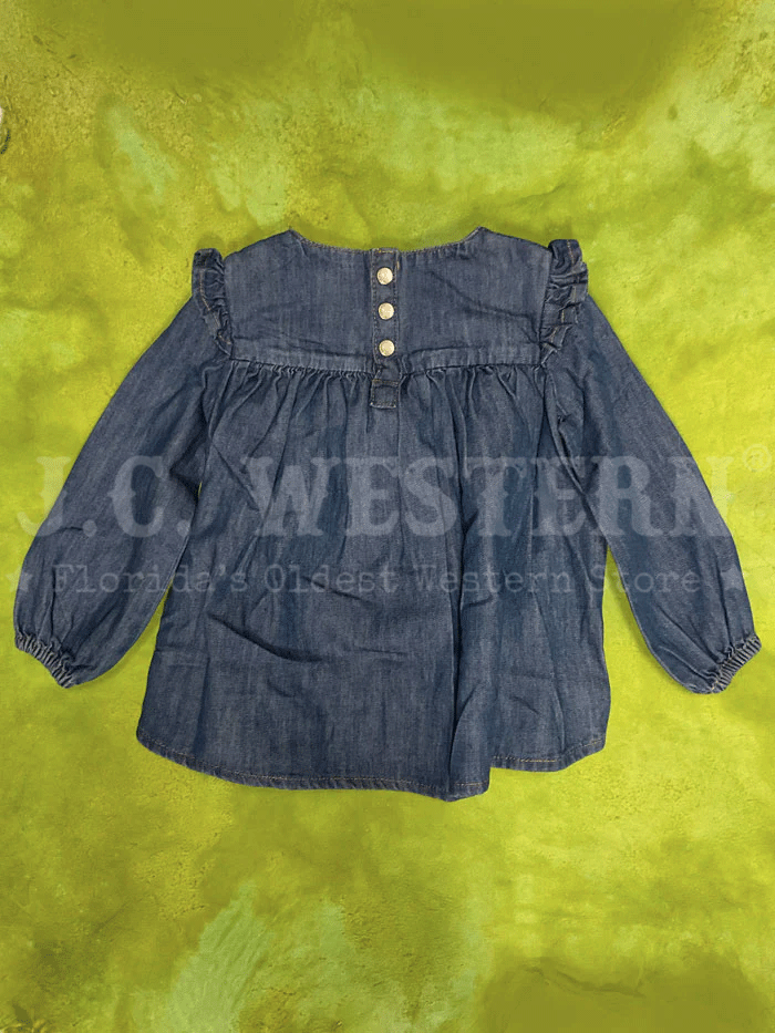Wrangler 112335365 Infants Long Sleeve Dress Denim front view with diaper cover. If you need any assistance with this item or the purchase of this item please call us at five six one seven four eight eight eight zero one Monday through Saturday 10:00a.m EST to 8:00 p.m EST