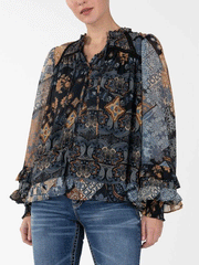 Miss Me MT3006L Womens Mixed Media Peasant Blouse With Tassel Navy front view. If you need any assistance with this item or the purchase of this item please call us at five six one seven four eight eight eight zero one Monday through Saturday 10:00a.m EST to 8:00 p.m EST