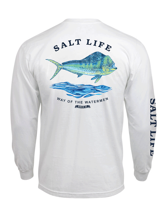 Salt Life SLM10830 Mens Mahi Bound Long Sleeve Pocket Tee White back view. If you need any assistance with this item or the purchase of this item please call us at five six one seven four eight eight eight zero one Monday through Saturday 10:00a.m EST to 8:00 p.m EST