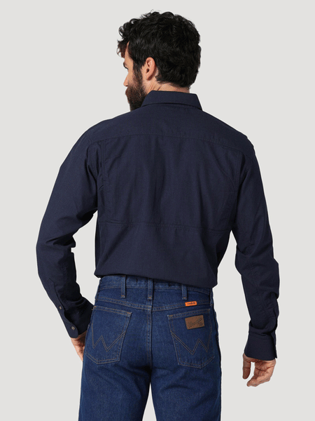 Wrangler 112319170 Mens Flame Resistant 20X Vented Work Shirt Navy back view. If you need any assistance with this item or the purchase of this item please call us at five six one seven four eight eight eight zero one Monday through Saturday 10:00a.m EST to 8:00 p.m EST