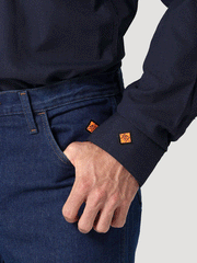 Wrangler 112319170 Mens Flame Resistant 20X Vented Work Shirt Navy cuff view. If you need any assistance with this item or the purchase of this item please call us at five six one seven four eight eight eight zero one Monday through Saturday 10:00a.m EST to 8:00 p.m EST