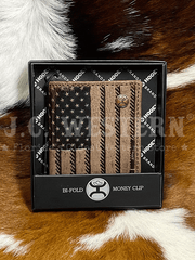 Hooey HFW003-BRBK Mens Liberty Rope Embossed Bi-Fold Money Clip Wallet Brown front view in box. If you need any assistance with this item or the purchase of this item please call us at five six one seven four eight eight eight zero one Monday through Saturday 10:00a.m EST to 8:00 p.m EST
