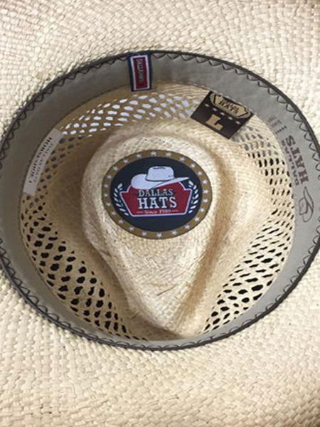 Dallas Hats HORSE SHOE 1 Hand Braided Straw Hat Natural inside view. If you need any assistance with this item or the purchase of this item please call us at five six one seven four eight eight eight zero one Monday through Saturday 10:00a.m EST to 8:00 p.m EST