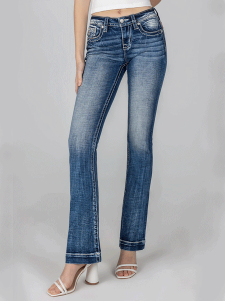 Miss Me M3080B39 Womens Pastel Angel Wing Bootcut Jean Blue front view. If you need any assistance with this item or the purchase of this item please call us at five six one seven four eight eight eight zero one Monday through Saturday 10:00a.m EST to 8:00 p.m EST