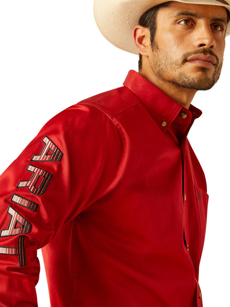 Ariat 10048809 Mens Team Logo Twill Classic Fit Shirt Red side view. If you need any assistance with this item or the purchase of this item please call us at five six one seven four eight eight eight zero one Monday through Saturday 10:00a.m EST to 8:00 p.m EST