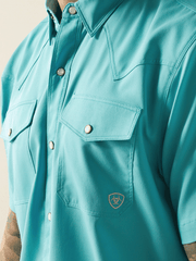 Ariat 10054480 Mens VentTEK Western Fitted Shirt Maui Blue front close up view. If you need any assistance with this item or the purchase of this item please call us at five six one seven four eight eight eight zero one Monday through Saturday 10:00a.m EST to 8:00 p.m EST

