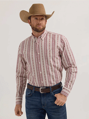 Wrangler 112357669 Mens Cody Johnson Button Down Stripe Shirt Burgundy front. If you need any assistance with this item or the purchase of this item please call us at five six one seven four eight eight eight zero one Monday through Saturday 10:00a.m EST to 8:00 p.m EST